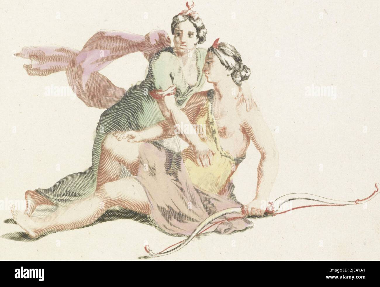 Jupiter, sous l'apparence de la déesse de la lune Diana, embrasse Callisto. Elle tient un arc dans sa main, Jupiter et Callisto., imprimeur: Anonyme, Johan Teyler, pays-Bas, 1688 - 1698, papier, gravure, h 196 mm, l 233 mm Banque D'Images
