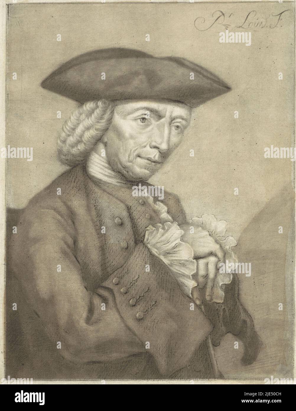 Le graveur, dessinateur et peintre Hendrik Spilman. Il a les mains repliées les unes sur les autres sur sa canne, Portrait de Hendrik Spilman., imprimeur: Pieter Louw, (mentionné sur l'objet), Amsterdam, 1743 - 1800, papier, h 178 mm × l 139 mm Banque D'Images