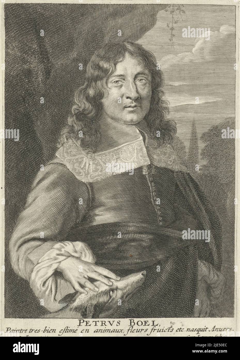 Portrait demi-vie de l'artiste Peeter Boel. Sa main droite se trouve sur la tête d'un greyhound. Dans la marge est le nom de la personne qui est représentée, suivi d'une ligne de texte en français, Portrait de Peeter Boel., imprimerie: Conrad Lauwers, (mentionné sur l'objet), après: Erasmus Quellinus (I), (mentionné sur l'objet), 1649 - 1685 et/ou 1662, papier, gravure, gravure, gravure, h 192 mm × l 131 mm Banque D'Images