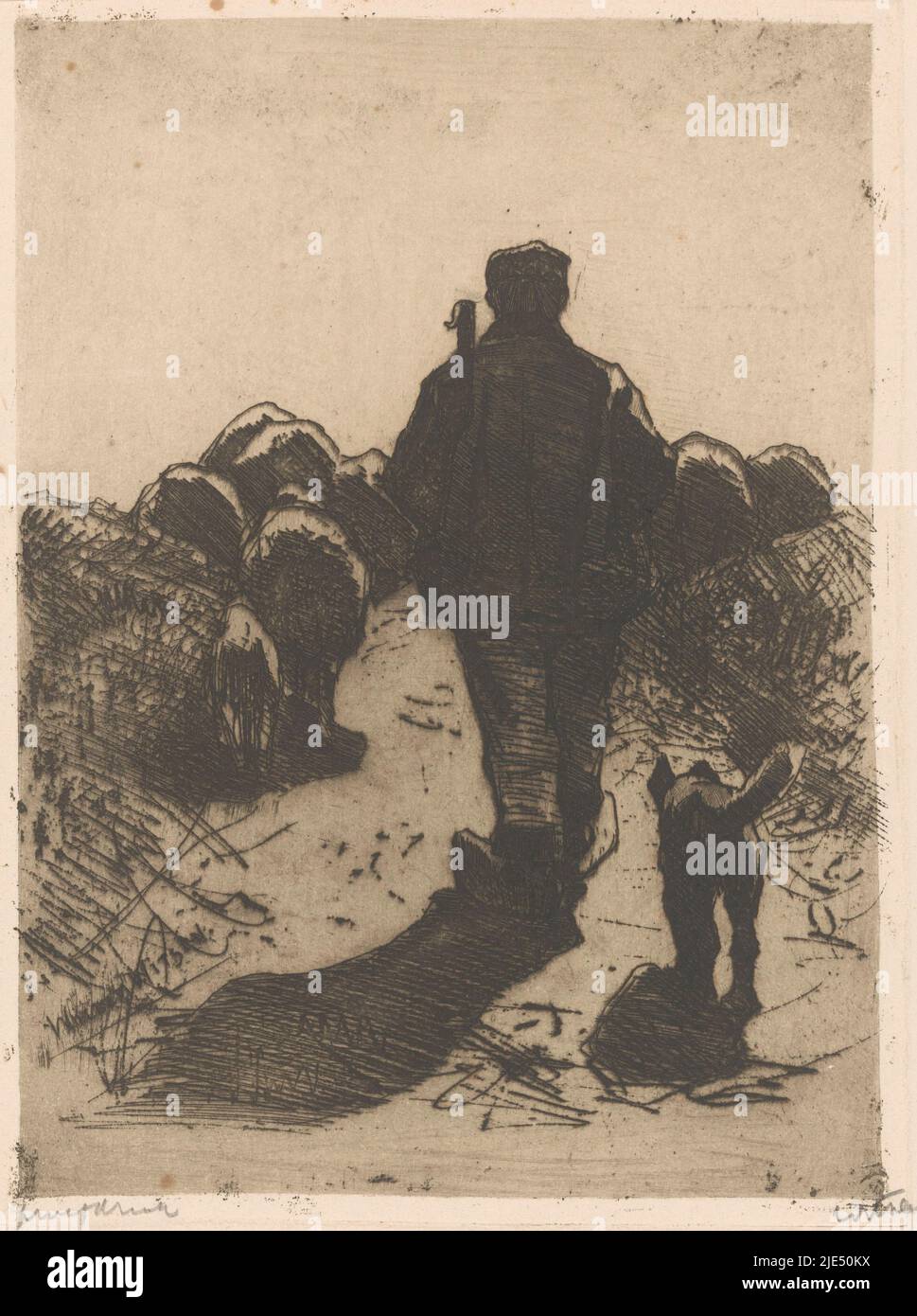 Le chien court à droite du berger, le berger avec le chien derrière son troupeau, l'imprimeur: Willem Witsen, (signé par l'artiste), l'imprimeur: Jan Stronk, Ewijkshoeve, c. 1886 et/ou 1909, papier, gravure, h 243 mm × l 181 mm Banque D'Images