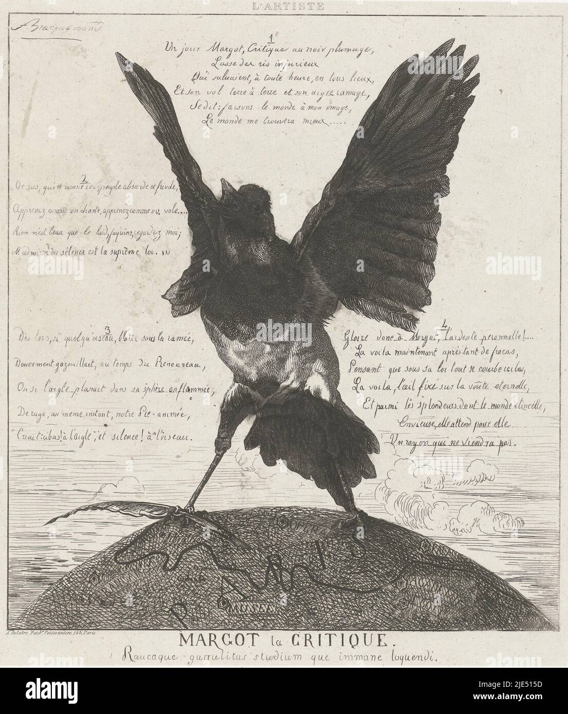 Imprimé satirique avec magpie debout avec ailes ouvertes et tête relevée sur un globe avec une carte de Paris. Il tient une plume de crayon dans une jambe. Le verset français en quatre versets critique les institutions parisiennes mentionnées sur la carte, telles que l'Opéra, l'Académie, la Librairie, le Musée et le Palais, tandis que Magpie se dresse avec ses ailes étirées et sa tête relevée sur un globe avec une carte de Paris Margot la critique, la Pie., imprimeur: Félix Bracquemond, (mentionné sur l'objet), imprimeur : Auguste Delâtre, (mentionné sur l'objet), 1854 et/ou 1858 Banque D'Images