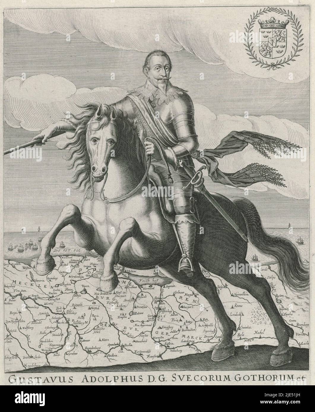 Portrait équestre de Gustav II Adolf, roi de Suède, imprimeur: Jacob van der Heyden, (mentionné sur l'objet), 1631, papier, gravure, h 327 mm × l 240 mm Banque D'Images