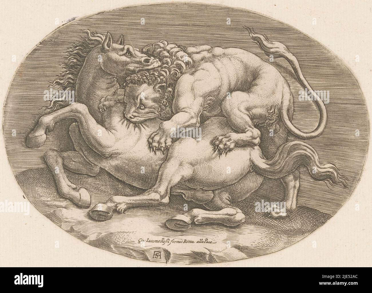 Un lion et un cheval dans la bataille. Dans une attaque, le lion a grimpé sur le cheval. Il s'est piqué dans la peau du cheval, tandis que le cheval mord la tête du lion., Horse attaqué par un lion., Imprimeur: Adamo Scultori, (mentionné sur l'objet), dessinateur intermédiaire: Giulio Romano, (peut-être), anonyme, dessinateur: Italie, dessinateur intermédiaire: Italie, Rome, c. 1540 - c. 1585, papier, gravure, h 131 mm - l 183 mm Banque D'Images