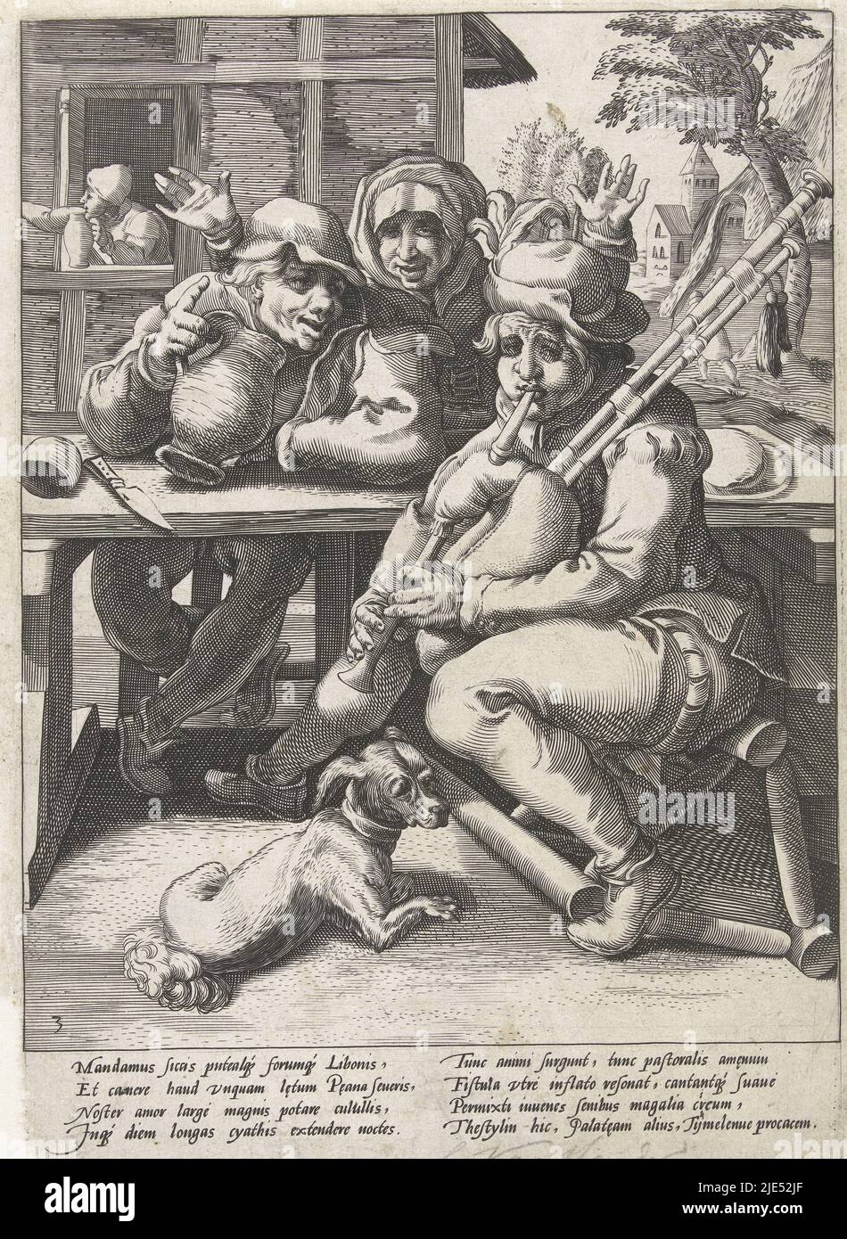 Un joueur de cornemuse et un drunkard s'assoient ensemble à la table. Derrière la table se trouve une femme avec ses mains levées. Le bagpiper est assis sur une chaise tombée, à côté de lui un petit chien. Au-dessous de la performance un verset latin explicatif par Franco Estius et un verset hollandais, le cornemuse ne donne aucun son, que lorsqu'il est plein le buveur et le joueur de cornemuse Proverbes après Karel van Mander (titre de la série)., fabricant d'impression: Hendrick Goltzius, (attribué à l'atelier de), Karel van Mander (I), Franco Estius, Haarlem, 1590 - 1594, papier, gravure, impression typographique, h 265 mm × l 185 mm Banque D'Images