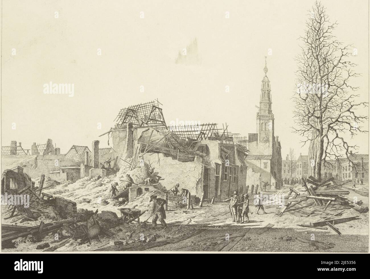 Travaux de nettoyage des bâtiments détruits du côté nord du Steenschuur à Leiden après la catastrophe de la poudre le 12 janvier 1807, centre-droit du Saaihal. Voir aussi l'homologue, ruines sur le Steenschuur (côté nord) après la catastrophe de la poudre de Leiden, 1807., imprimeur: Leendert Overbeek, Leendert Overbeek, imprimeur: Pays-Bas, Leiden, 1807, papier, gravure, h 375 mm × l 535 mm Banque D'Images Travaux de nettoyage des bâtiments détruits du côté nord du Steenschuur à Leiden après la catastrophe de la poudre le 12 janvier 1807, centre-droit du Saaihal. Voir aussi l'homologue, ruines sur le Steenschuur (côté nord) après la catastrophe de la poudre de Leiden, 1807., imprimeur: Leendert Overbeek, Leendert Overbeek, imprimeur: Pays-Bas, Leiden, 1807, papier, gravure, h 375 mm × l 535 mm Banque D'Images
