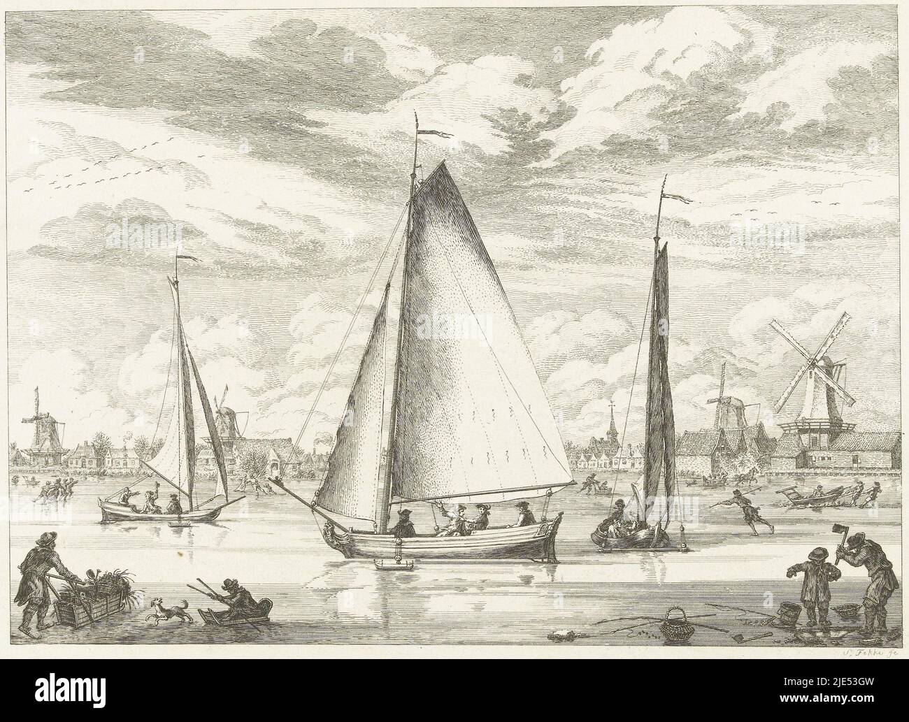Vue d'hiver avec patins à glace néerlandais. Voiles de glace, traîneaux et patineurs sur le Zaan gelé, dans les moulins de fond et les maisons de Koog aan de Zaan, ca. 1775. Les moulins sont de gauche à droite : moulin à huile de Reus, moulin à plomb blanc de Rob, moulin à peau de Pélikaan et moulin à huile de Christoffel ou Broodkorf. Ces deux derniers moulins se tenaient sur le fameux Koger Hem, barges de glace hollandais avec Koog aan de Zaan en arrière-plan, ca. 1775., imprimeur: Simon Fokke, (mentionné sur l'objet), L. Loosjes, pays-Bas du Nord, 1774 - 1776, papier, gravure, h 197 mm × l 261 mm Banque D'Images