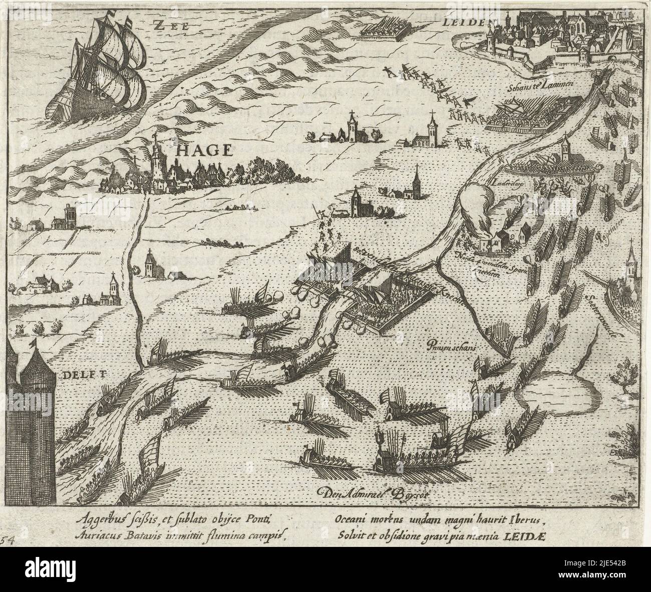 L'horreur de Leiden le 3 octobre 1574. Les troupes du prince naviguent au-dessus des polders inondés de Delft, passant par la Haye jusqu'à Leiden, sous le commandement de l'amiral Louis de Boisot. Les assiégers espagnols fuient de leurs positions. Avec légende de 4 lignes en latin. Numéroté : 54. Imprimé au verso avec du texte en latin, Ontzet van Leiden, 1574., Imprimeur: Simon Frison, Frans Hogenberg, pays-Bas du Nord, 1613 - 1615, papier, gravure, h 136 mm × l 161 mm Banque D'Images