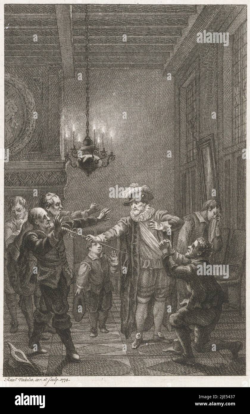 L'auto-sacrifice du maire Pieter van der Werff, pendant le siège de Leiden, 1574. Intérieur avec Van der Werff offrant aux spectateurs l'épée aux chandelles (petite taille), l'auto-sacrifice du maire Pieter van der Werff, 1574., imprimeur: Reinier Vinkeles (I), (mentionné sur objet), Reinier Vinkeles (I), (mentionné sur objet), pays-Bas, 1774, papier, gravure, h 146 mm × l 103 mm Banque D'Images