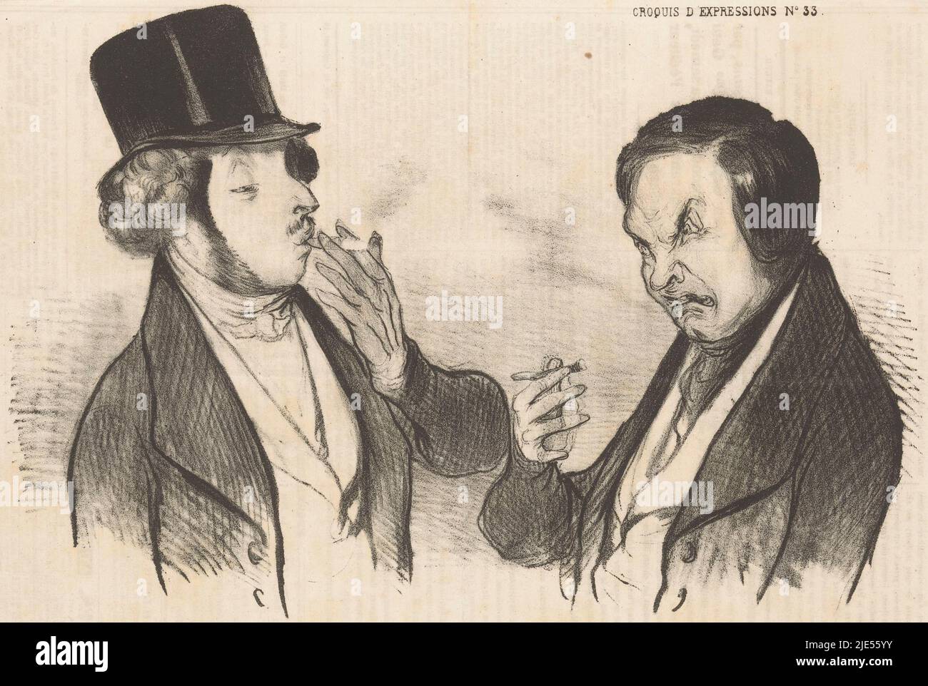 Homme avec le bon et l'homme avec le mauvais cigare le pur havane! Le cigarie de Marseille, expressions faciales (titre de la série) Croquis d'expressions (titre de la série sur l'objet), imprimeur: Honoré Daumier, (mentionné sur l'objet), imprimeur: Aubert & Cié., (mentionné sur l'objet), éditeur: Aubert & Cié., (mentionné sur l'objet), Paris, 1838, papier, impression typographique, h 247 mm × l 363 mm Banque D'Images