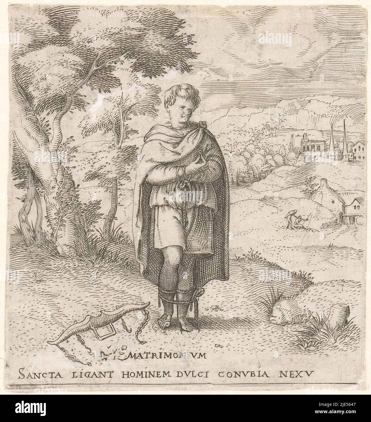 Homme debout dans un paysage. Ses mains et ses pieds sont attachés ensemble et dans sa main droite il tient un anneau. Au sol se trouve une fourche. En dessous d'une ligne de texte latin, mariage Matrimonum, figures emblématiques (titre de la série)., imprimeur: ENEA Vico, imprimeur: Cornelis Massijs, Francesco Salviati, (éventuellement), imprimeur: Italie, imprimeur: Zuid-Nederland, Italie, 1533 - 1567, papier, gravure, h 84 mm - l 78 mm Banque D'Images