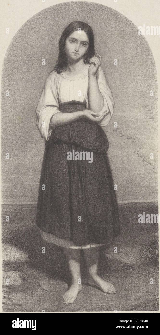 La fille pointe vers le haut. Elle soutient son bras gauche avec sa main droite. Mignon est un personnage du roman de Johann Wolfgang von Goethe Wilhelm Meister Lehrjahre, Mignon., imprimeur: August Allebé, (mentionné sur l'objet), d'après: Ary Scheffer, (mentionné sur l'objet), imprimeur: Desguerrois & Co., (mentionné sur l'objet), imprimeur: Amsterdam, éditeur: Haarlem, 1859, papier, h 310 mm × l 200 mm Banque D'Images La fille pointe vers le haut. Elle soutient son bras gauche avec sa main droite. Mignon est un personnage du roman de Johann Wolfgang von Goethe Wilhelm Meister Lehrjahre, Mignon., imprimeur: August Allebé, (mentionné sur l'objet), d'après: Ary Scheffer, (mentionné sur l'objet), imprimeur: Desguerrois & Co., (mentionné sur l'objet), imprimeur: Amsterdam, éditeur: Haarlem, 1859, papier, h 310 mm × l 200 mm Banque D'Images