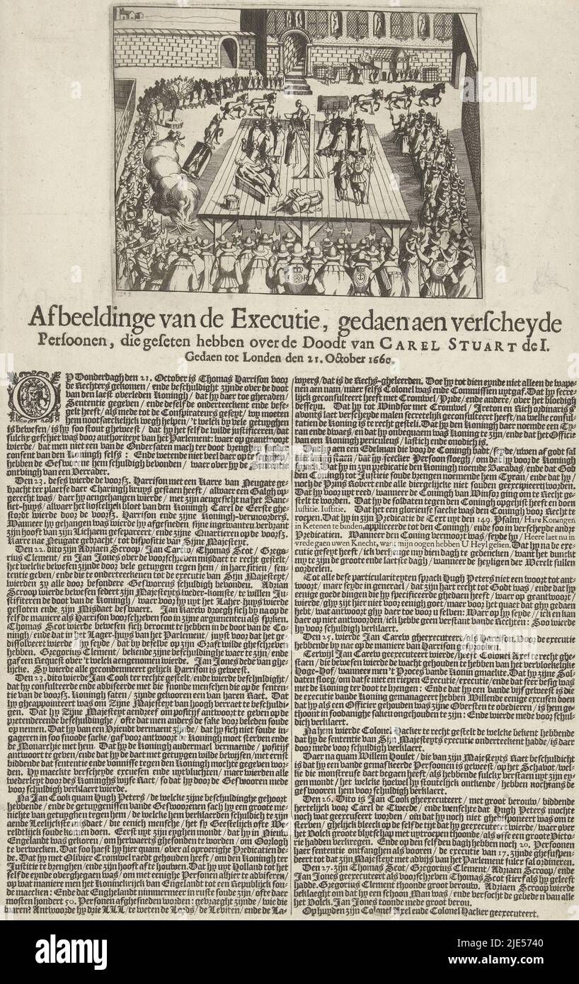 Exécution sur échafaudage de plusieurs personnes reconnues coupables de décapitation du roi Charles I en 1649, à Londres, le 21 octobre 1660. Sur la feuille imprimée sous la plaque une description en 2 colonnes en néerlandais, mentionnant entre autres les exécutions de Jan Carew (25 octobre) Jan Cook (26 octobre) et Thomas Scot (27 octobre), jugement des personnes reconnues coupables de la mort de Charles I, 1660 représentation de l'exécution, Coupable d'un Persoonen déchiré, qui a été battu à la suite de la mort de Carel Stuart de I, Gedaen à Londres le 21 octobre 1660., Imprimeur: Anonyme, pays-Bas du Nord, 1660, papier Banque D'Images