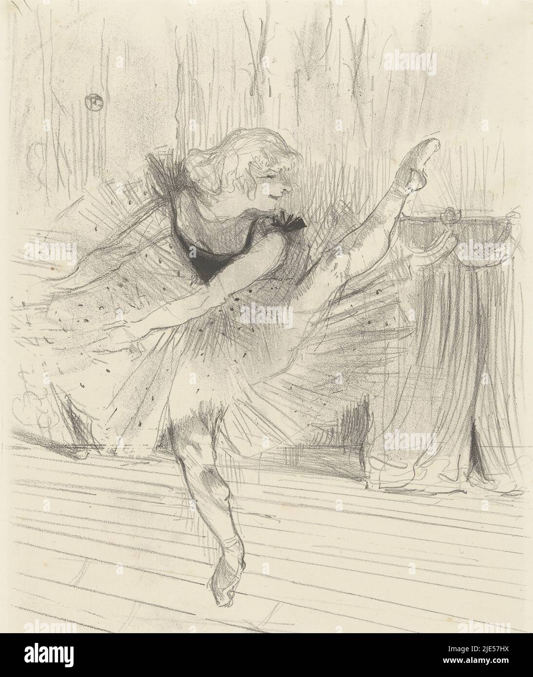 Portrait de la danseuse anglaise Ida Heath. Elle danse vêtue de tutu et de ballets sur scène dans une parodie de ballet classique, Portrait de la danseuse Ida Heath Ida Heath danseuse anglaise, imprimerie: Henri de Toulouse-Lautrec, (signé par l'artiste), éditeur: Edouard Kleinmann, 1894, papier, h 364 mm × l 264 mm, h 373 mm × l 278 mm Banque D'Images