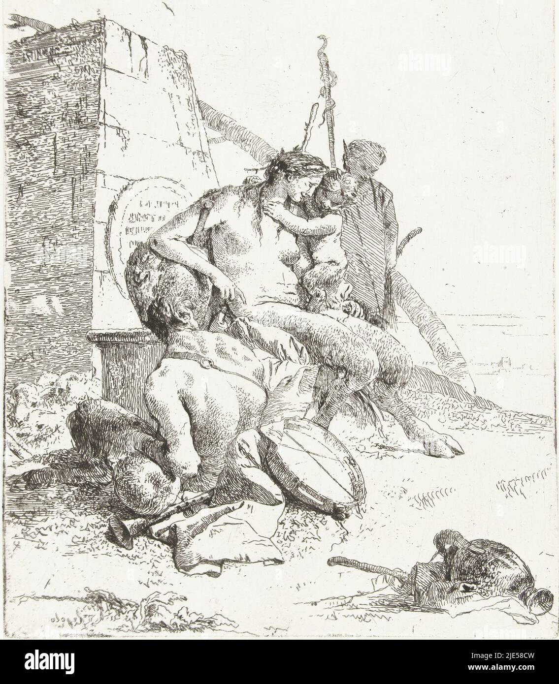 Famille Satyr avec instruments de musique assis par un Monument, imprimeur: Giovanni Battista Tiepolo, (mentionné sur l'objet), Giovanni Battista Tiepolo, Italie, dans ou avant c. 1750, papier, gravure, h 227 mm × l 177 mm Banque D'Images