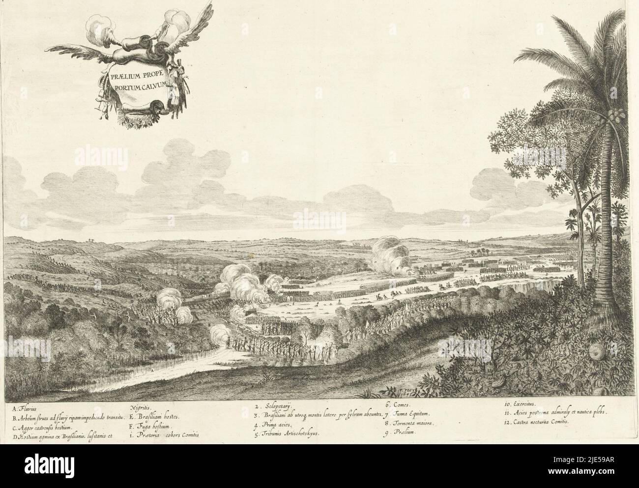Combats avec les combattants portugais et indigènes près de Porto Calvo, 1637. Dans l'air un bandérole avec le titre. Dans la légende la déclaration des lettres A-I et 1-12 en latin, batailles près de Porto Calvo, 1637 Praelium prope Portum Calvum., imprimerie: Jan van Brosterhuyzen, dessinateur intermédiaire: Frans Jansz Post, pays-Bas, 1645 - 1647, papier, gravure, gravure, h 392 mm × l 510 mm Banque D'Images