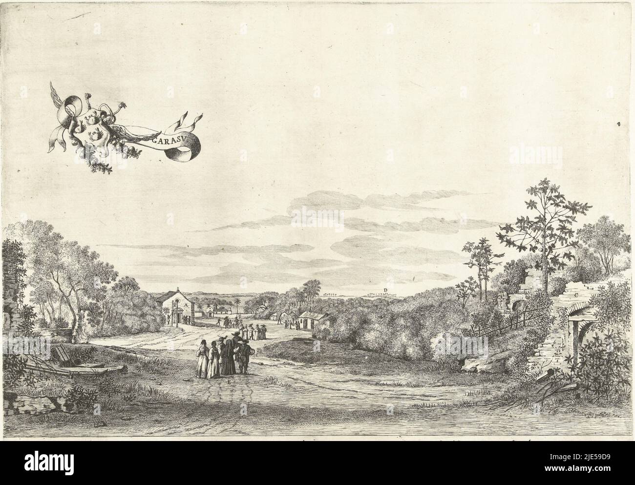Vue sur la ville de Garasu (Igaraçu), ca. 1637. Dans le ciel le bandérole ailé avec le titre et une arme avec trois crabes. Dans la légende, l'explication des lettres A-E en latin., View of Garasu, c. 1637 Garasv, imprimeur: Jan van Brosterhuyzen, rapporteur pour avis: Frans Jansz Post, pays-Bas, 1645 - 1647, papier, gravure, gravure, h 393 mm × l 511 mm Banque D'Images