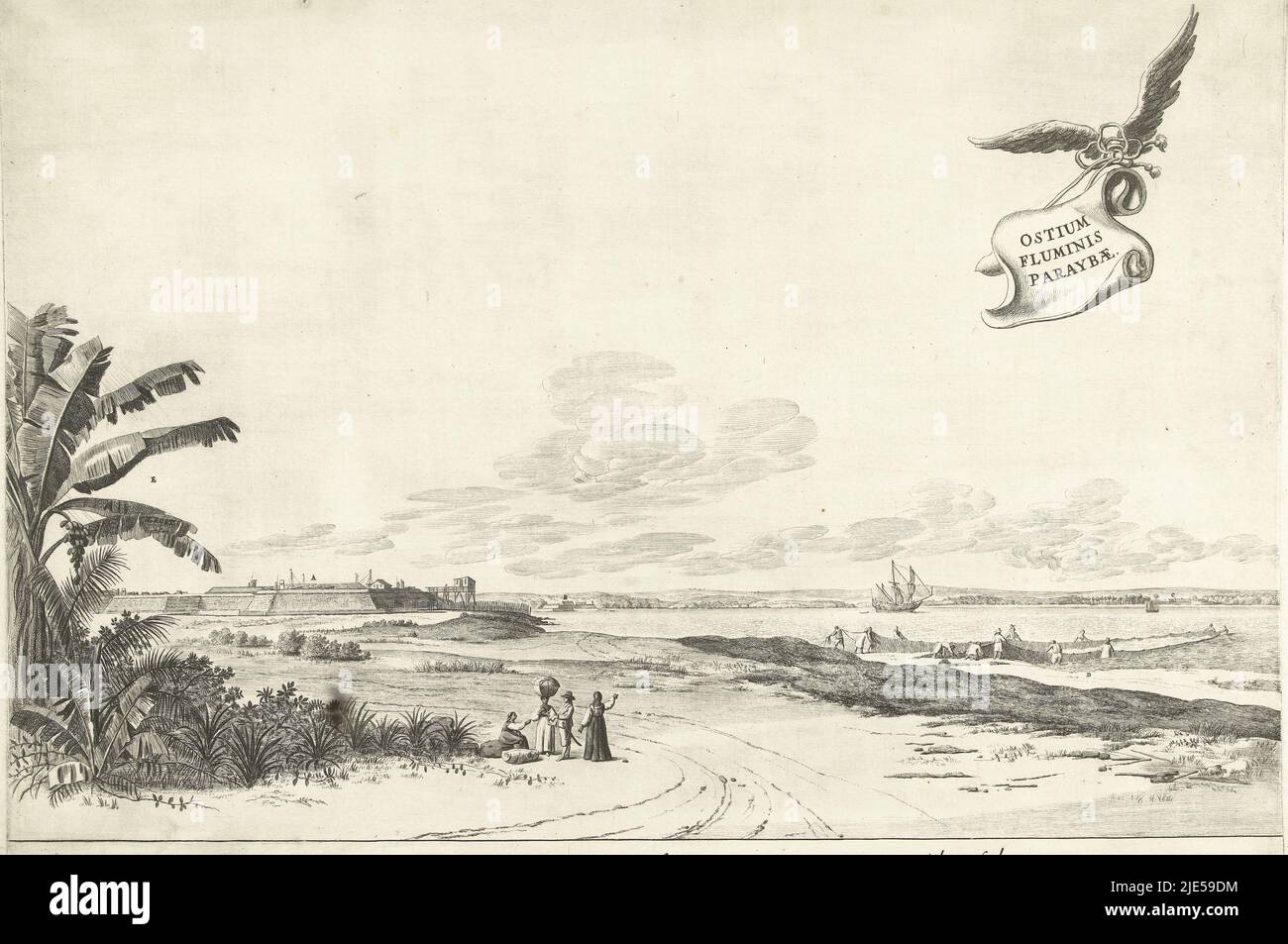 Vue sur les forts à l'embouchure de la rivière Rio Paraiba, ca. 1636-1644. Sur la droite, les pêcheurs vont dans l'eau avec leurs filets. Dans le ciel un bandérole ailé avec le titre. Dans la légende l'explication des lettres A-E en latin, vue des forts à l'embouchure de la rivière Paraibae, ca. 1636-1644 Ostium fluminis Paraybae., imprimerie: Jan van Brosterhuyzen, rapporteur pour avis intermédiaire: Frans Jansz Post, pays-Bas, 1645 - 1647, papier, gravure, gravure, h 394 mm × l 513 mm Banque D'Images