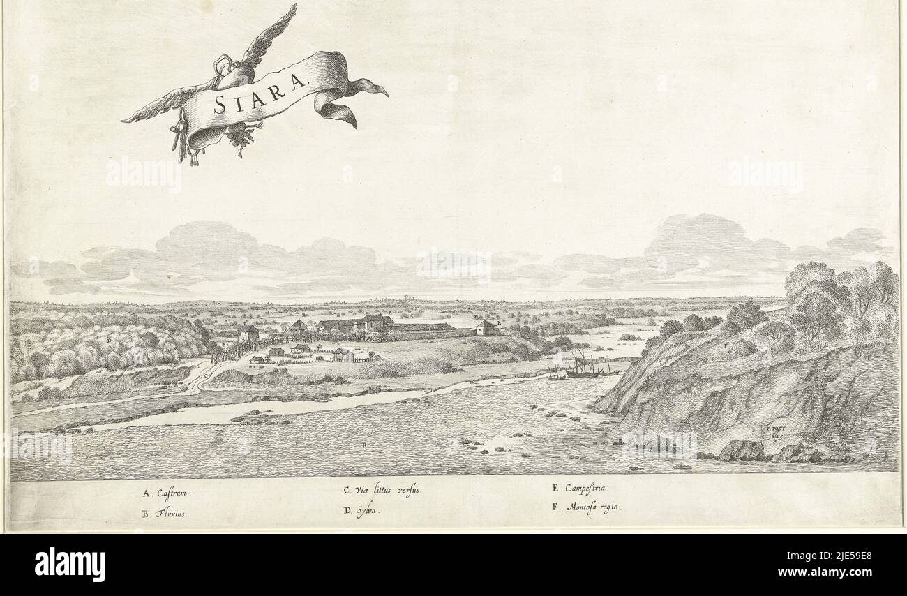 Vue sur le fort à Siara ou Ceará (Fortaleza), CA. 1636-1644. Dans le ciel un bandérole ailé avec le titre. Dans la légende l'explication des lettres A-F en latin., vue de Siara, c. 1636-1644 Siara, imprimeur: Jan van Brosterhuyzen, rapporteur pour avis: Frans Jansz Post, (mentionné sur l'objet), pays-Bas, 1645 - 1647, papier, gravure, gravure, h 385 mm × l 511 mm Banque D'Images