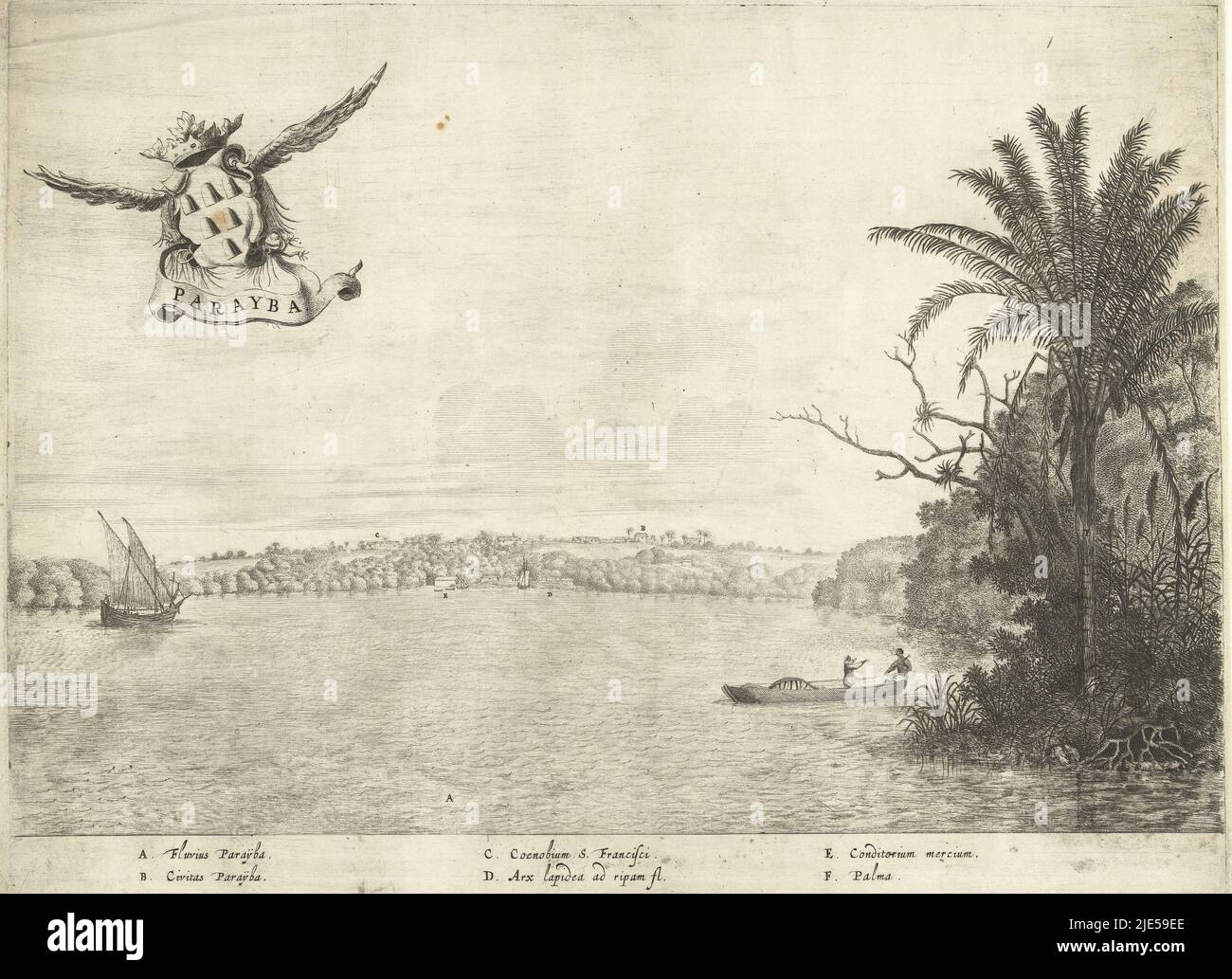Vue sur la ville de Paraiba situé sur la rivière Rio Paraiba, ca. 1636-1644. Dans le ciel, un bandérole ailé avec le titre et un blason avec six montagnes ou paniers. Dans la légende l'explication des lettres A-F en latin., vue de Paraiba, ca. 1636-1644 Parayba, imprimeur: Jan van Brosterhuyzen, rapporteur pour avis: Frans Jansz Post, pays-Bas, 1645 - 1647, papier, gravure, gravure, h 393 mm × l 515 mm Banque D'Images