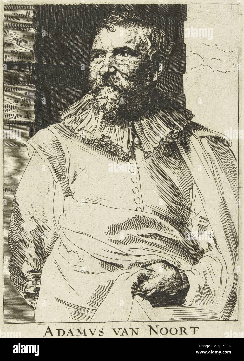 Portrait d'Adam van Noort avec légende ADAMVS VAN NOORT ANTVERPIAE PICTOR ICONVM, Portrait d'Adam van Noort Iconographie (titre de la série), Imprimeur: Anthony van Dyck, (mentionné sur l'objet), Imprimeur: Anonyme, dessinateur intermédiaire: Anthony van Dyck, Low countries, 1630 - 1632, papier, gravure, gravure, h 247 mm × l 157 mm Banque D'Images