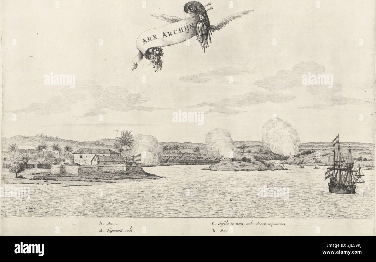 C'est peut-être une vue de la ville d'Argijn en Afrique de l'Ouest. Sur la côte, il y a des forts où de grands panaches de fumée s'élèvent. Au premier plan un navire avec drapeaux hollandais. Au-dessus d'une bannière avec le titre. Dans les lettres de marge avec des noms correspondant à des endroits dans le paysage, vue d'Argijn Arx Archijn., imprimerie: Jan van Brosterhuyzen, imprimerie: Salomon Savery, (éventuellement), dessinateur intermédiaire: Frans Jansz Post, (mentionné sur l'objet), pays-Bas, 1645, papier, gravure, gravure, h 392 mm × l 505 mm Banque D'Images