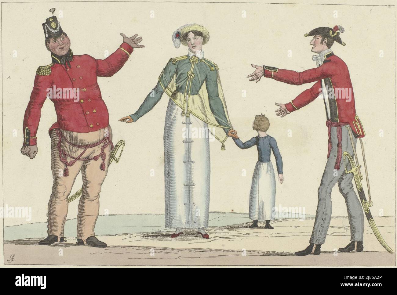 Deux soldats vêtus d'uniformes anglais. Les deux portent une veste uniforme sur un pantalon long. L'homme gras a un shako sur la tête, l'homme mince un point avec une plume d'autruche et à la fin des jupons. Entre eux est une femme avec une fille sur sa main. Elle porte une cape transparente au-dessus d'un spencer. Selon la légende, les Anglais se rencontrent à Paris. Imprimé d'une série de 30 tirages mode, le Supêche bon ton, Paris, 1800-1815, No. 23: Rencontre d'anglais à Paris., imprimeur: Anonyme, éditeur: Aaron Martinet, (mentionné sur l'objet), imprimeur: France, Editeur: Paris, 1800 - 1815, papier Banque D'Images