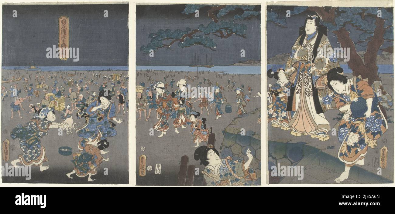 Prince Genji, sous le pin, sur l'élévation de pierre, en regardant la foule sur la plage, la nuit., ramasser des coquillages sur Akashi Akashi plage no ura shiogari no zu, imprimeur: Kunisada (I), Utagawa, (mentionné sur l'objet), éditeur: Yamaguchiya Tobei, (mentionné sur l'objet), Imprimeuse: Japon, éditeur: Tokyo, 1855, papier, couleur bois coupé, h 356 mm × l 250 mm × h 355 mm × l 248 mm × h 355 mm × l 249 mm Banque D'Images