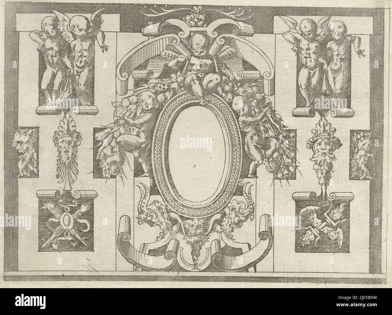 Il y a un putto au milieu ci-dessus. À sa gauche et à sa droite, une guirlande est suspendue par un enfant. D'une série de 32 feuilles. Les cartouris sont en partie tirés des gravures d'Antonio Fantuzzi après la décoration de la Galerie de François 1er par Giovanni Battista Rosso. La série est également connue sous le titre petits cartouts de Fontainebleau, plafonds ovales cartouche et cartouettes dans un cadre de rouleaux avec des grotesques, des guirlandes et des mascarons (titre de la série)., imprimeur: Anonyme, Jacques Androuet, Antonio Fantuzzi, imprimeur: France, (Peut-être), France, (peut-être), Italie, (peut-être Banque D'Images Il y a un putto au milieu ci-dessus. À sa gauche et à sa droite, une guirlande est suspendue par un enfant. D'une série de 32 feuilles. Les cartouris sont en partie tirés des gravures d'Antonio Fantuzzi après la décoration de la Galerie de François 1er par Giovanni Battista Rosso. La série est également connue sous le titre petits cartouts de Fontainebleau, plafonds ovales cartouche et cartouettes dans un cadre de rouleaux avec des grotesques, des guirlandes et des mascarons (titre de la série)., imprimeur: Anonyme, Jacques Androuet, Antonio Fantuzzi, imprimeur: France, (Peut-être), France, (peut-être), Italie, (peut-être Banque D'Images