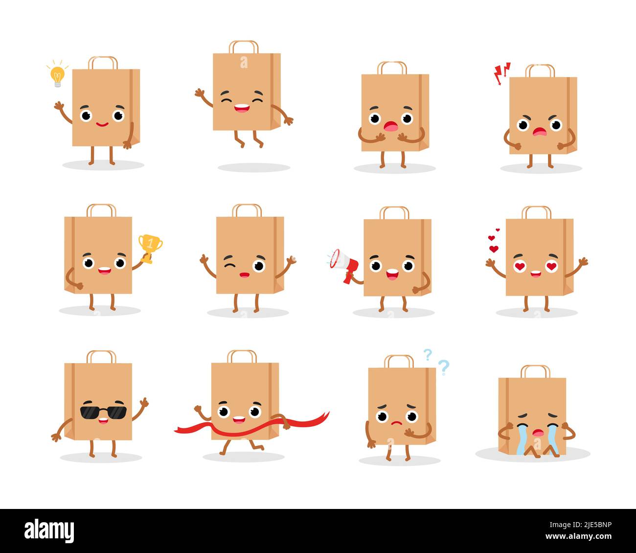 Jeu de papier sac d'achats caractère émotions. Illustration vectorielle des icônes emoji Illustration de Vecteur
