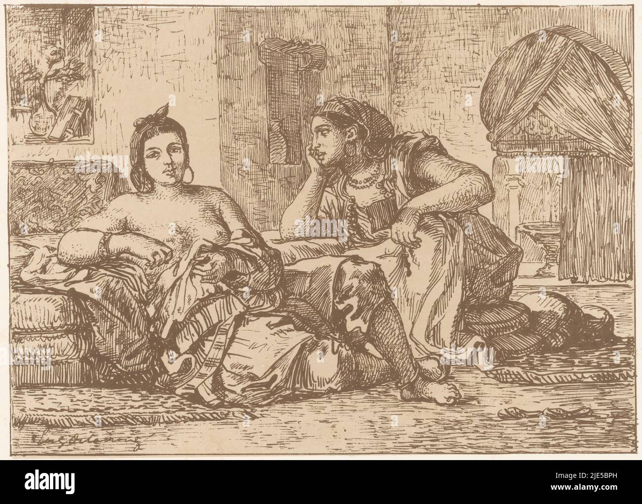 Deux femmes algériennes assises femmes d'Alger, imprimerie: Eugène Delacroix, (mentionné sur l'objet), imprimeur: Victor Jacques Bertauts, (mentionné sur l'objet), Paris, 1833, papier, h 188 mm - l 281 mm Banque D'Images