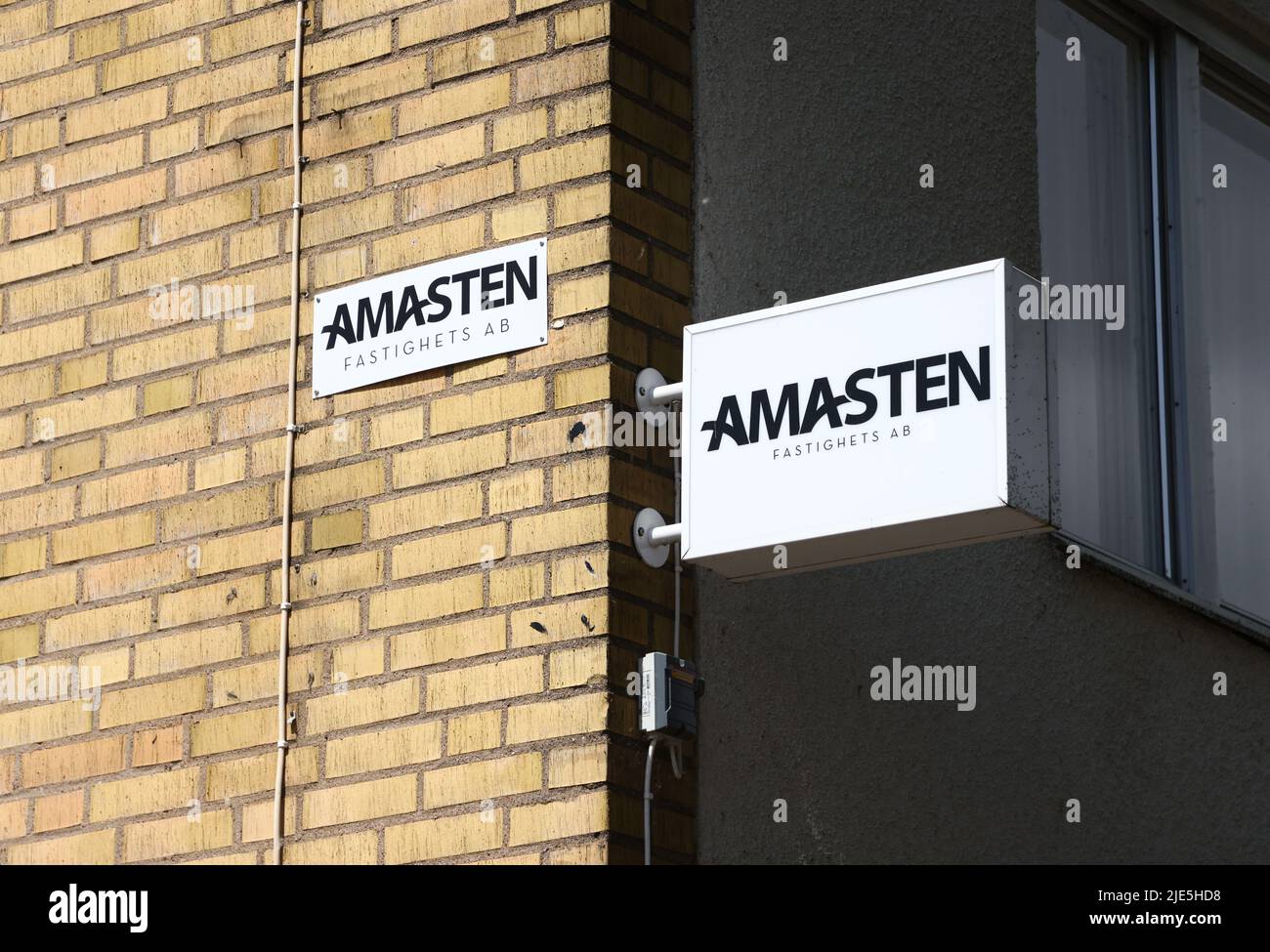 Panneau sur un immeuble, Amasten fastighets AB. Banque D'Images