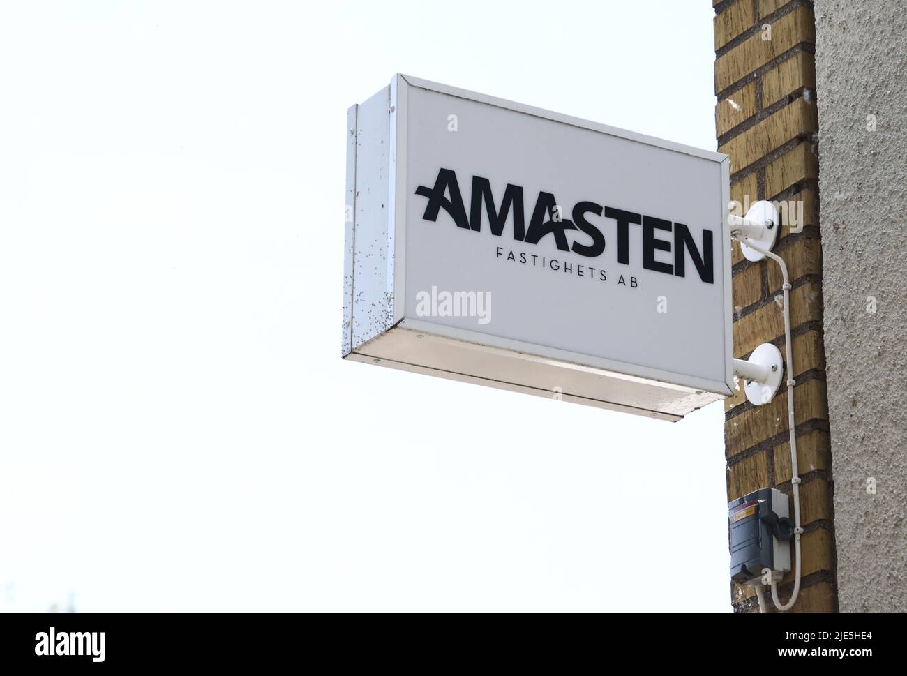 Panneau sur un immeuble, Amasten fastighets AB. Banque D'Images