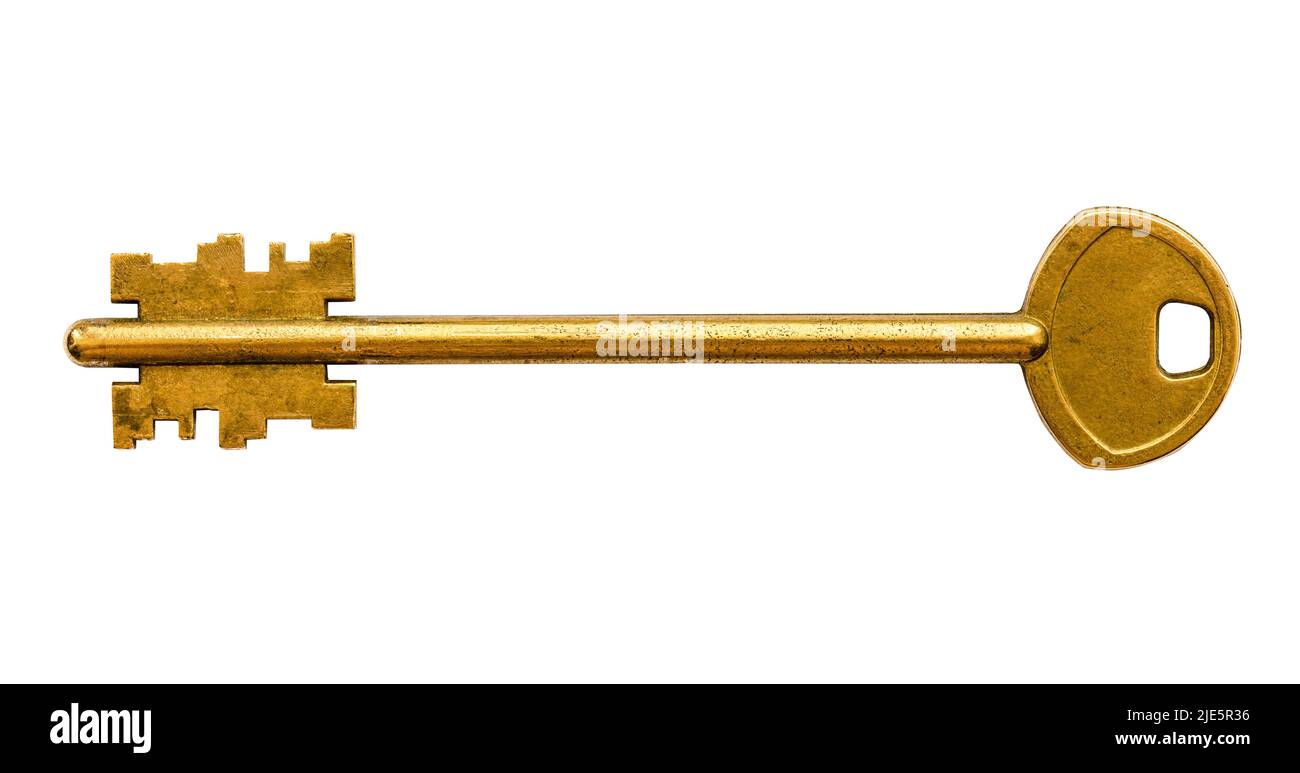 ancienne clé de porte double face dorée pour verrou à levier isolé sur fond blanc Banque D'Images