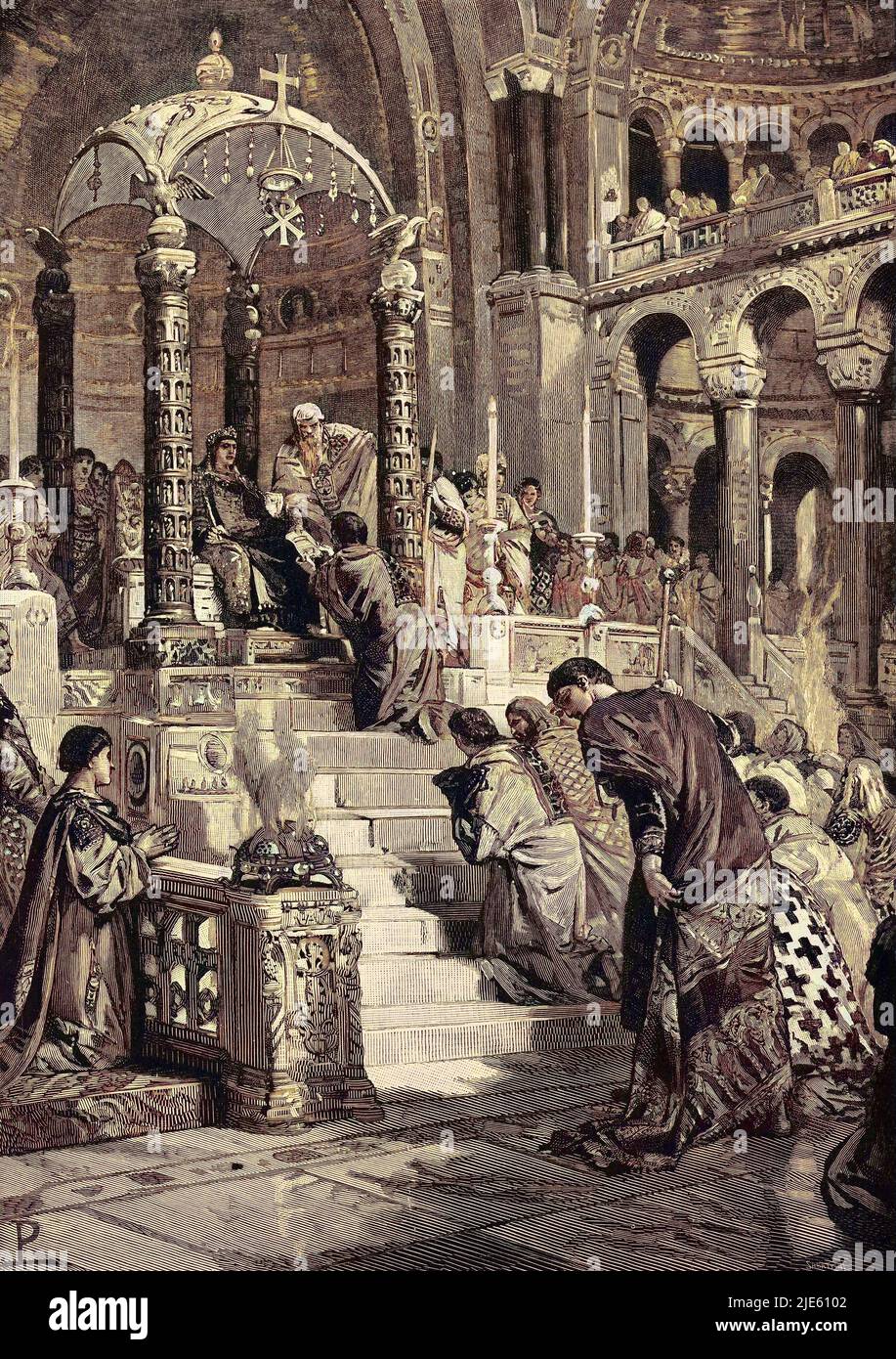 Théodoric le Grand ou Théodoric l'Amale reçoit l'investiture de l'Italie de l'empereur Zénon (empereur byzantin) 5e cercle. Banque D'Images