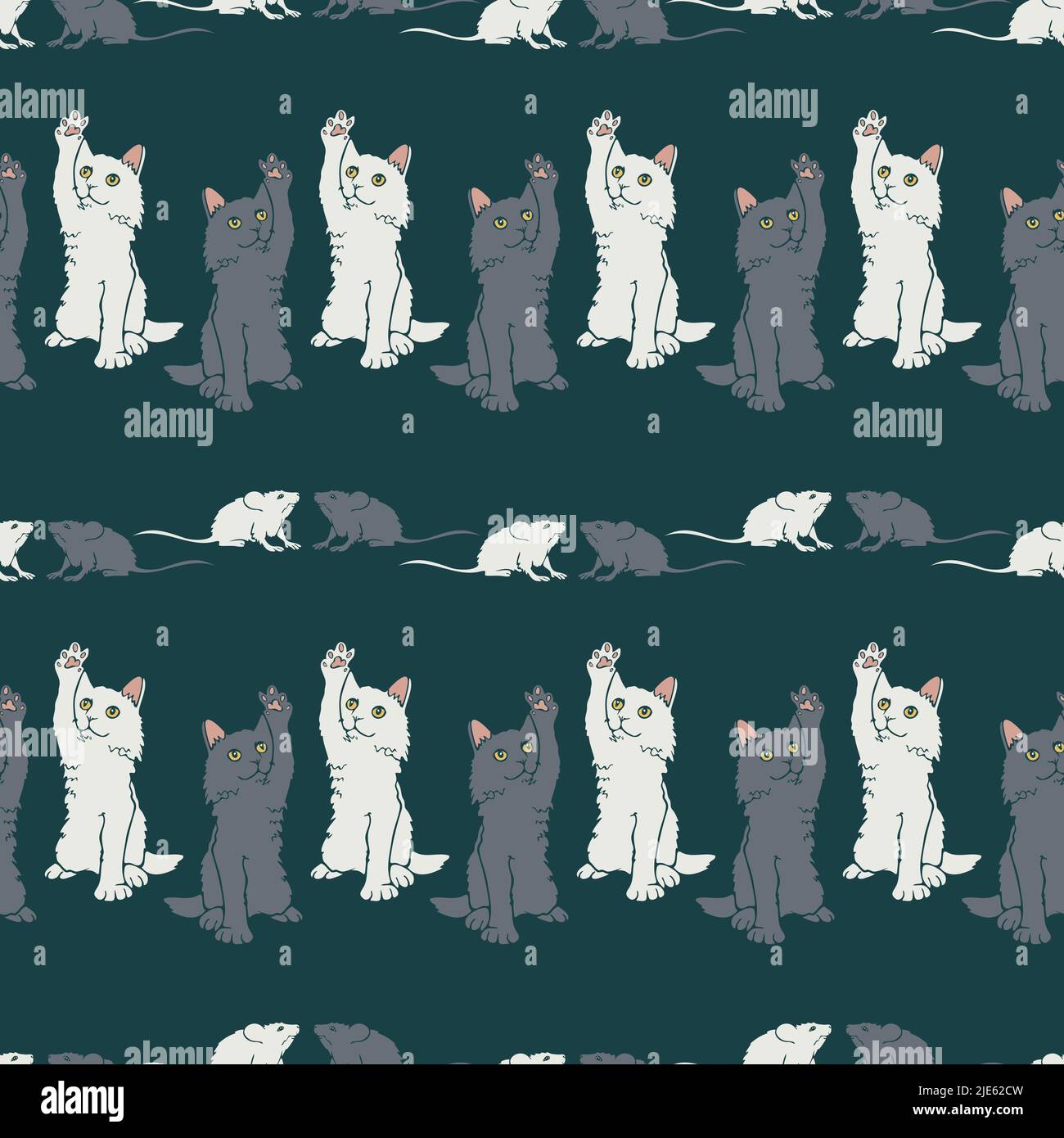 Motif vectoriel sans couture avec chatons gris et blancs et souris. Dessin dessiné à la main avec des chats et des souris. Illustration de Vecteur