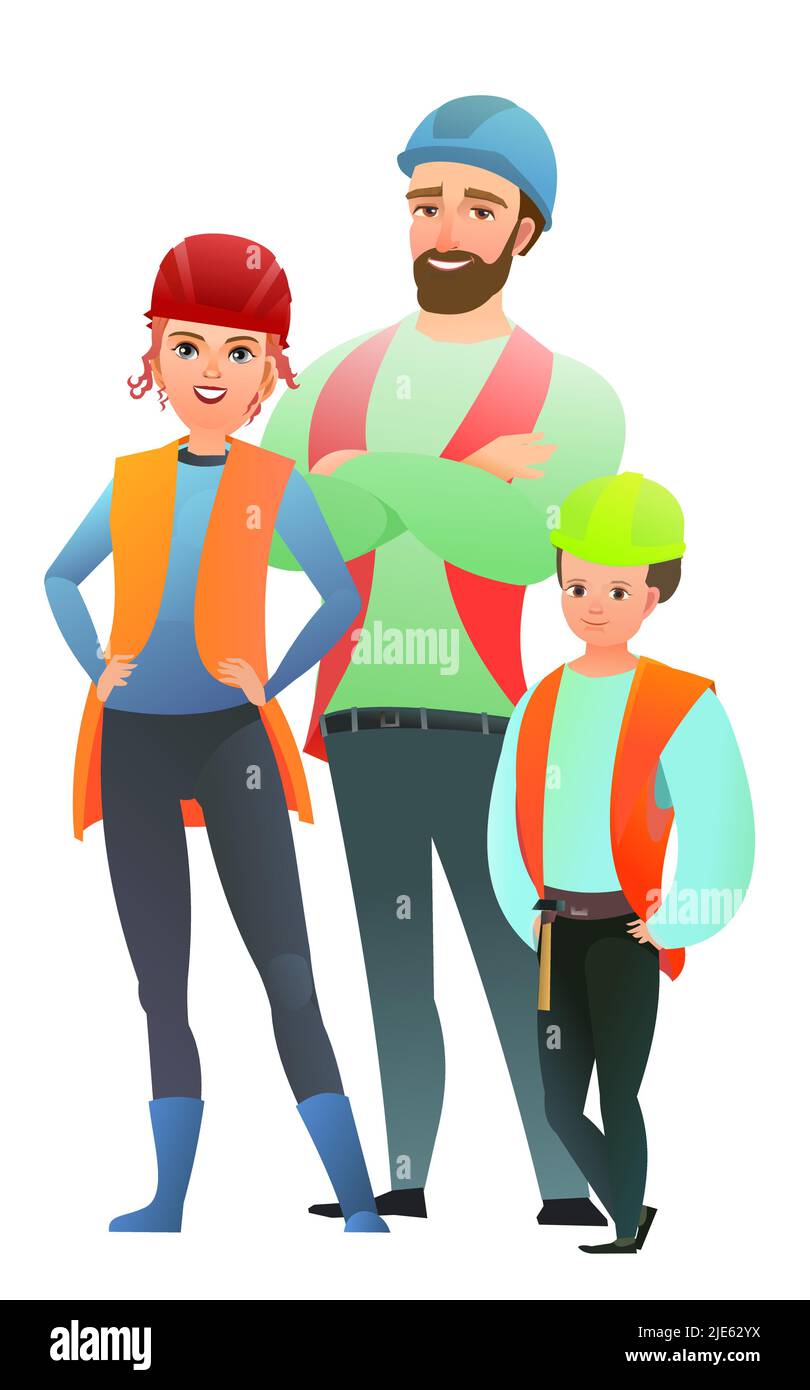 Homme, femme et enfant, fabricant de gilet et de casque de protection. Personne joyeuse. Posture debout. Bande dessinée plate. Caractère unique. Ilustr Illustration de Vecteur