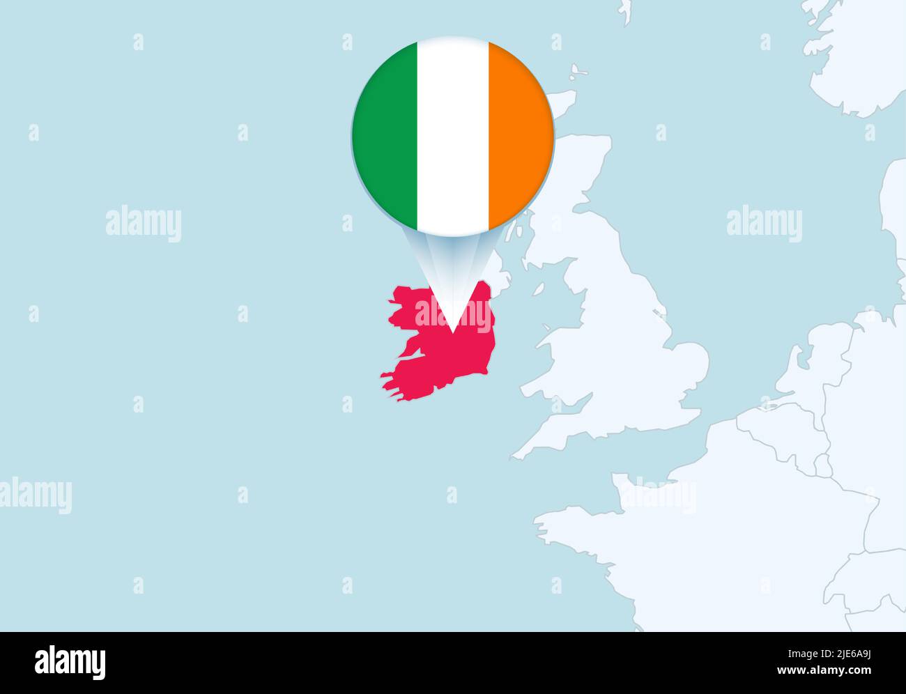 Europe avec une carte d'Irlande sélectionnée et l'icône représentant un drapeau d'Irlande. Carte vectorielle et indicateur. Illustration de Vecteur