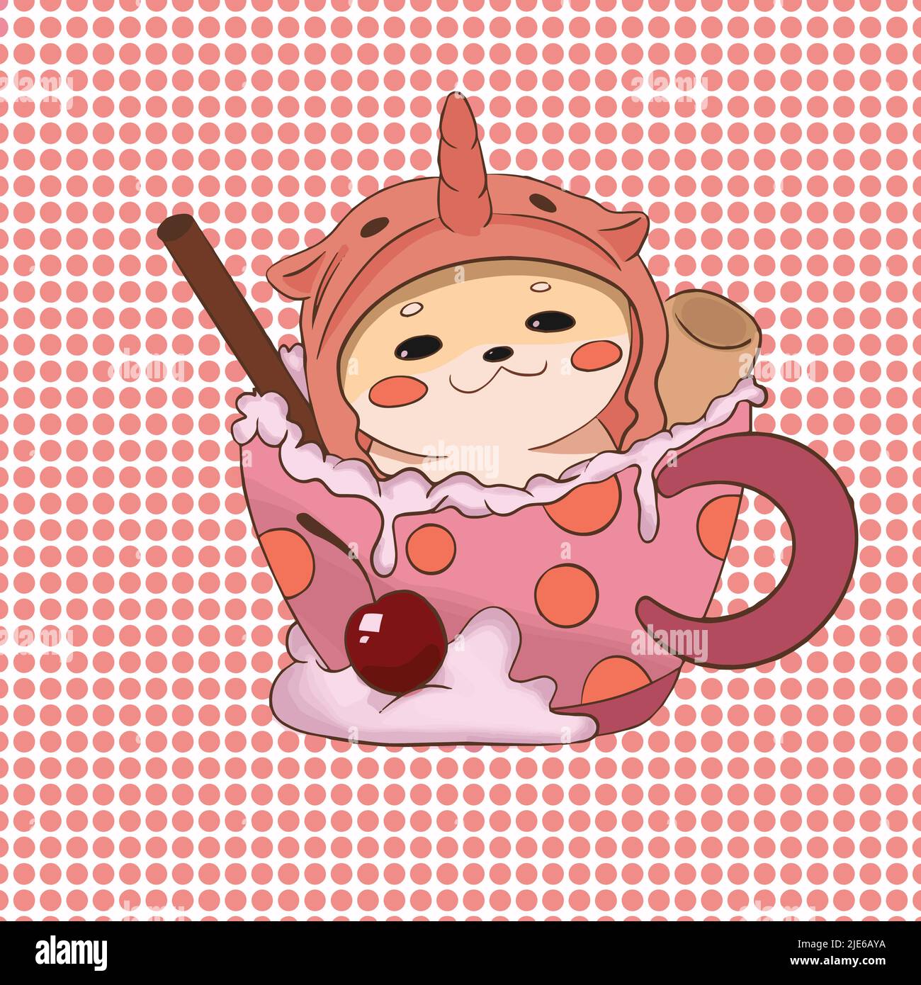 Un shéba satisfait est assis dans une tasse et se déonde pour vous. Illustration de Vecteur