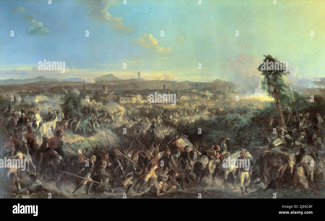 La bataille de Novi (15 août 1799) a vu une armée combinée de la monarchie des Habsbourg et des Russes impériaux sous le maréchal Alexandre Suvorov attaquer une armée républicaine française sous le général Barthélemy Catherine Joubert. Banque D'Images