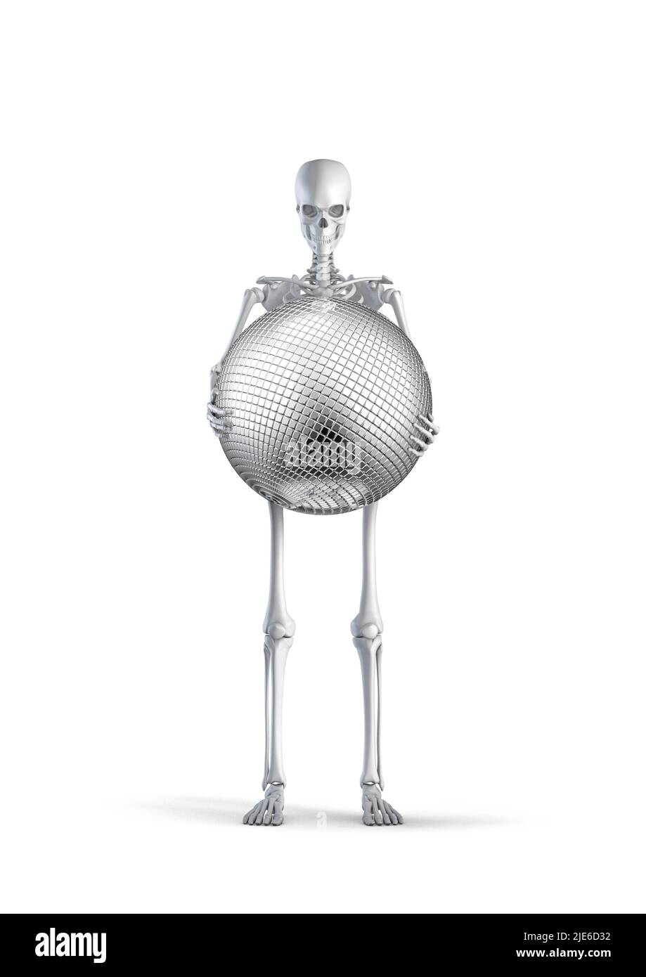 Squelette avec boule disco - 3D illustration du squelette humain masculin tenant une boule miroir brillante isolée sur fond blanc de studio Banque D'Images