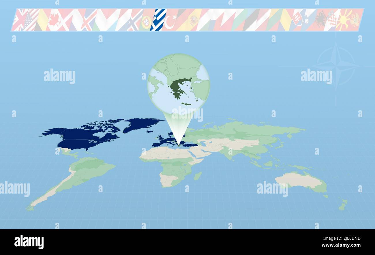 Grèce membre de l'Alliance de l'Atlantique Nord sélectionné sur la carte du monde perspective. Drapeaux de 30 membres de l'alliance. Illustration vectorielle. Illustration de Vecteur