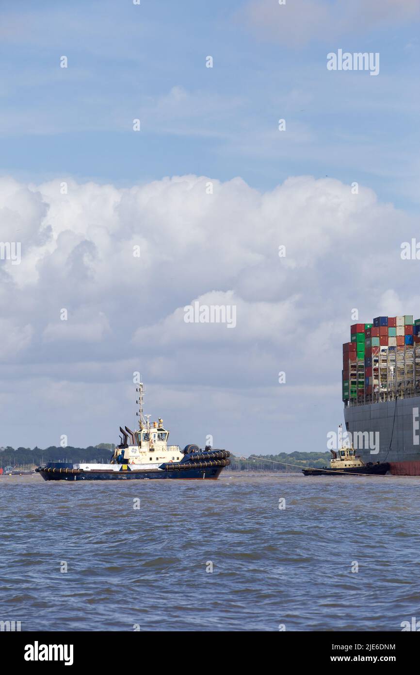 Evergreen Container Ship Ever Globe quai au port de Felixstowe assisté par des remorqueurs Svitzer Shotley et Svitzer Deben. Banque D'Images
