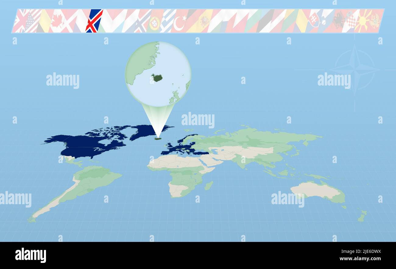 Islande membre de l'Alliance de l'Atlantique Nord sélectionné sur la carte du monde perspective. Drapeaux de 30 membres de l'alliance. Illustration vectorielle. Illustration de Vecteur