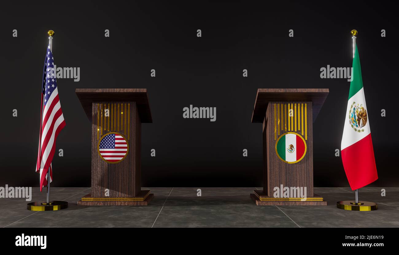 Drapeau des États-Unis et du Mexique. Négociations avec les États-Unis et le Mexique. Tribune pour les discours. 3D travaux et 3D images Banque D'Images