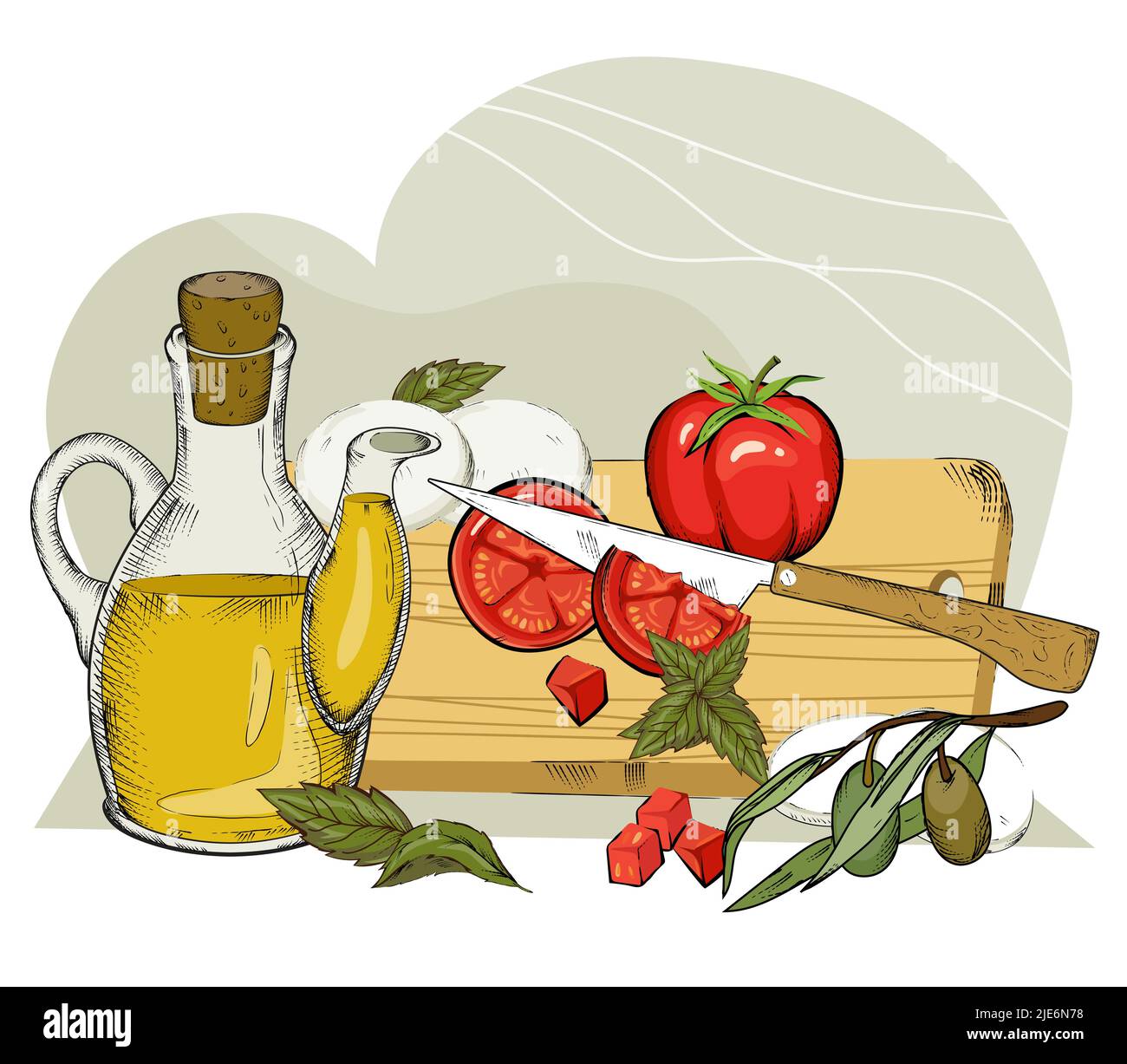 Composition alimentaire avec une bouteille d'huile d'olive et des tomates fraîches, mozzarella ou fromage blanc salé feta sur une planche à découper, dessin vectoriel illustrat Illustration de Vecteur
