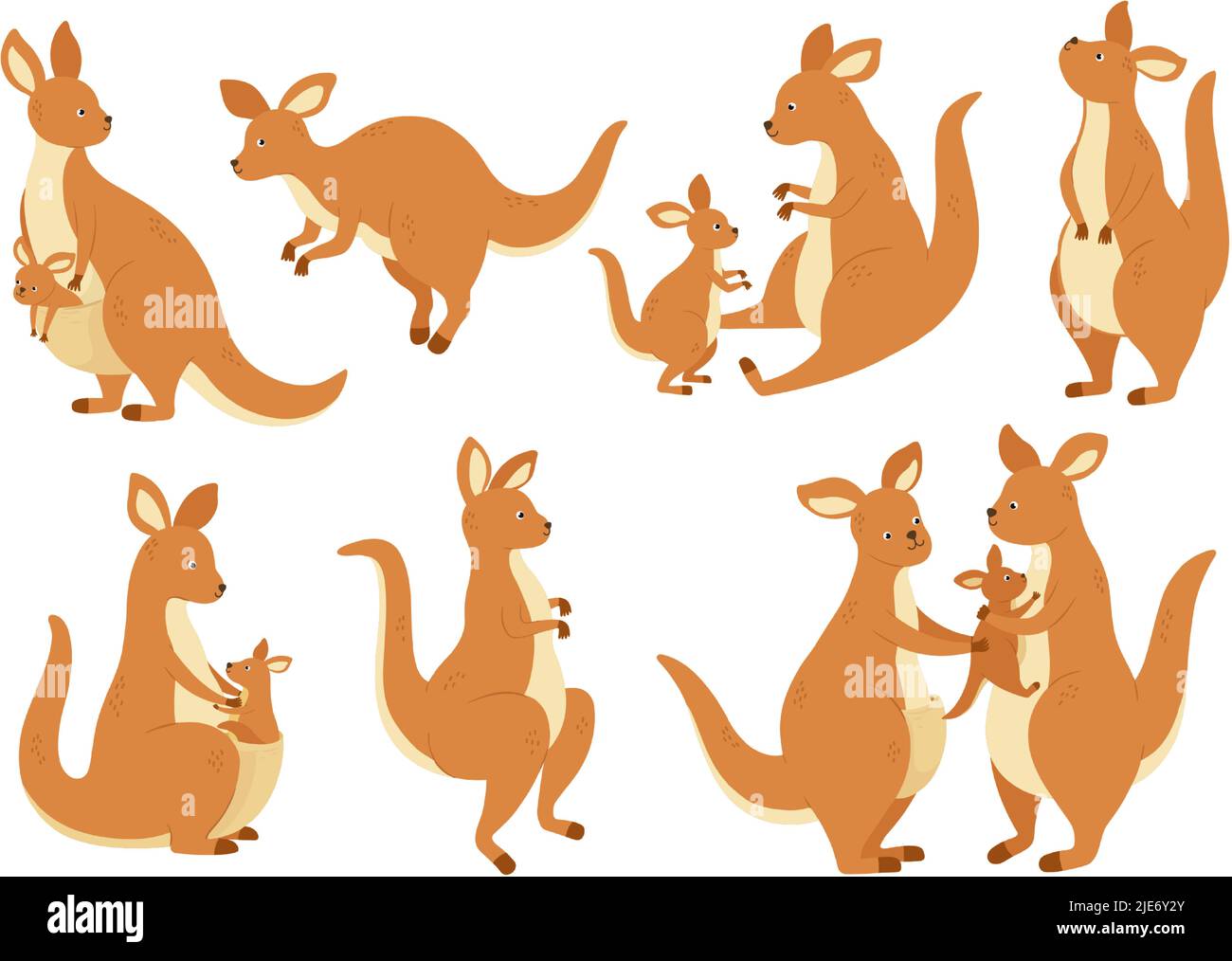 Famille kangourou de dessin animé. Mère wallaby avec bébé dans le sac, Australie animal marsupial et kangourous dans différentes poses scénario ensemble d'illustration Illustration de Vecteur