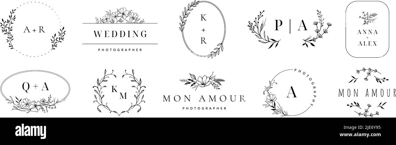 Logo de mariage. Élégant monogramme, créé à la main invitations de mariage avec couronne bordures ensemble de vecteur Illustration de Vecteur