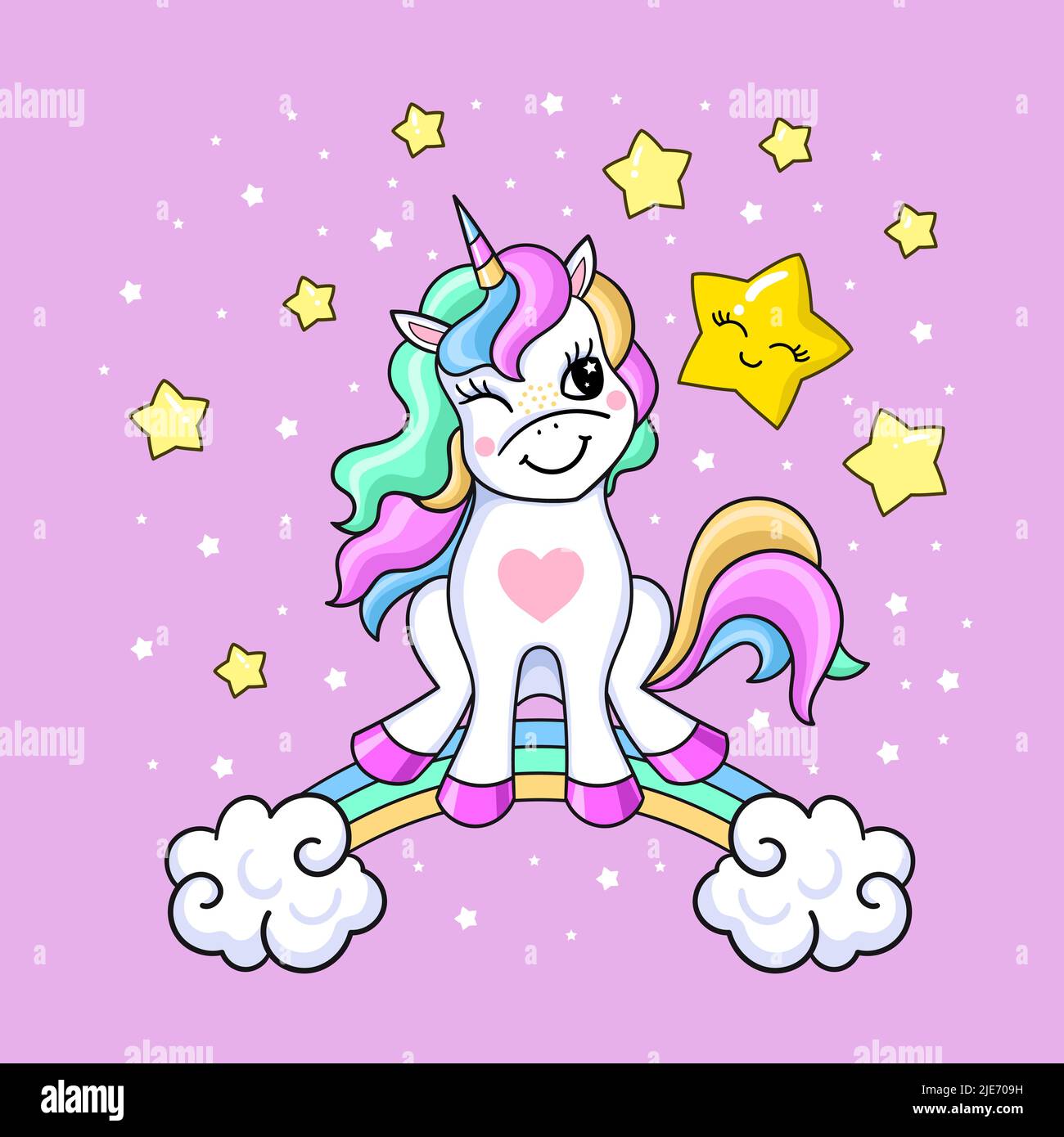 Mignon dessin animé unicorn sur l'arc-en-ciel. Illustration du vecteur bébé Illustration de Vecteur