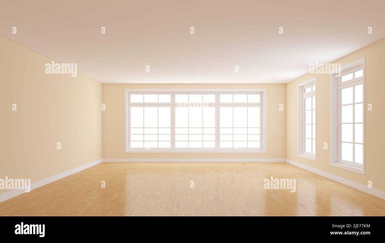 Belle chambre vide avec murs beige clair, parquet, Plinth blanc, grande fenêtre au centre et deux fenêtres à droite. 3D illustration avec un chemin de travail sous Windows. 8K Ultra HD Banque D'Images