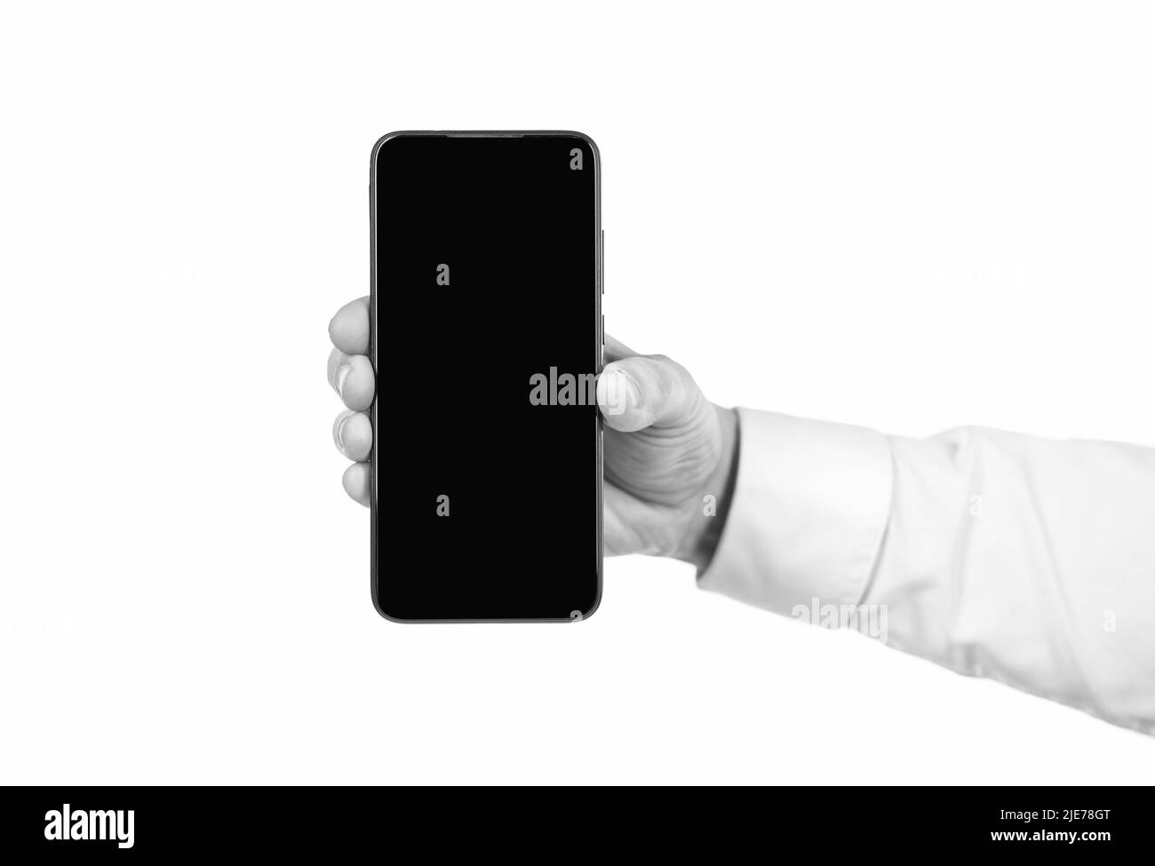 téléphone portable écran copie espace dans la main mâle isolé sur blanc, la publicité Banque D'Images